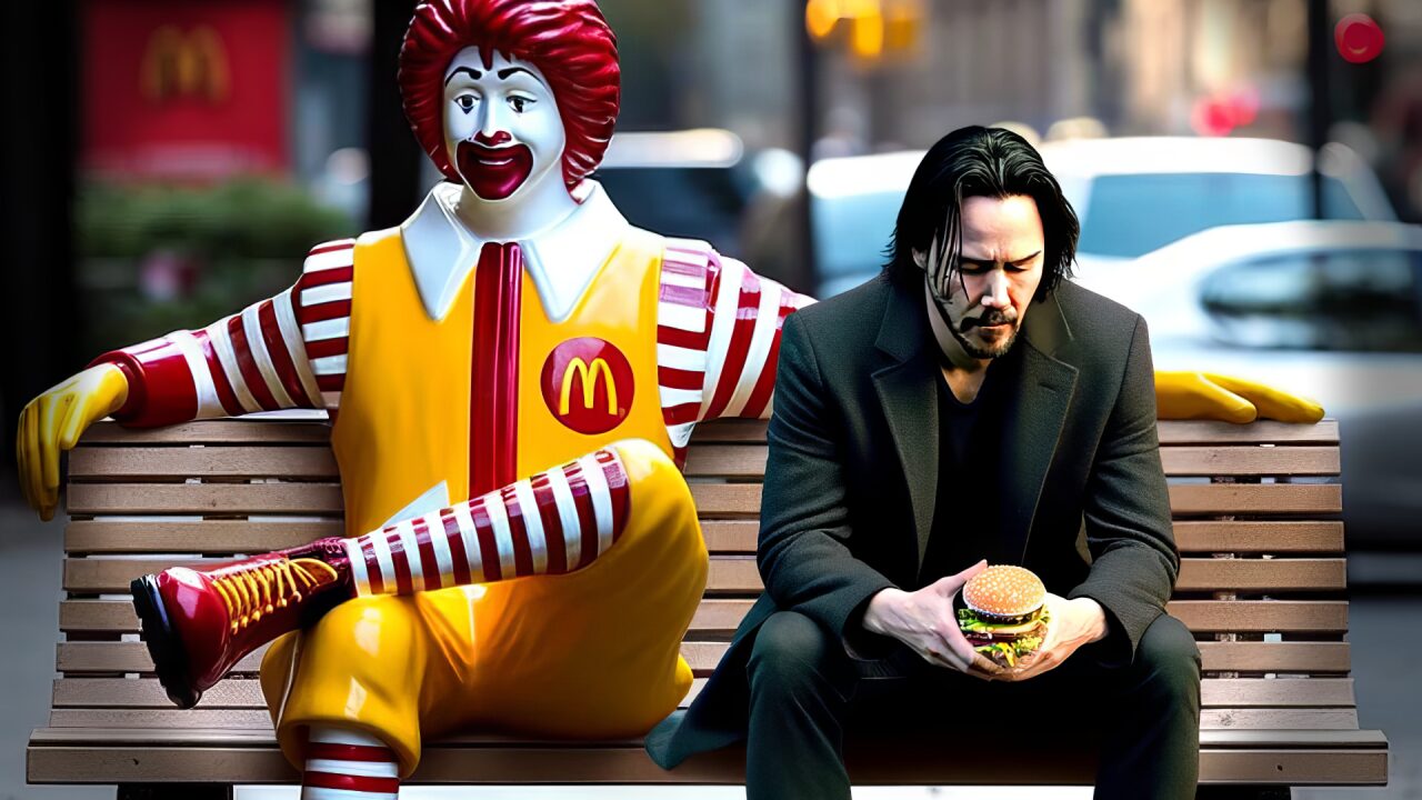 Keanu Reeves chilling with Ronald McDonald on a park bench.